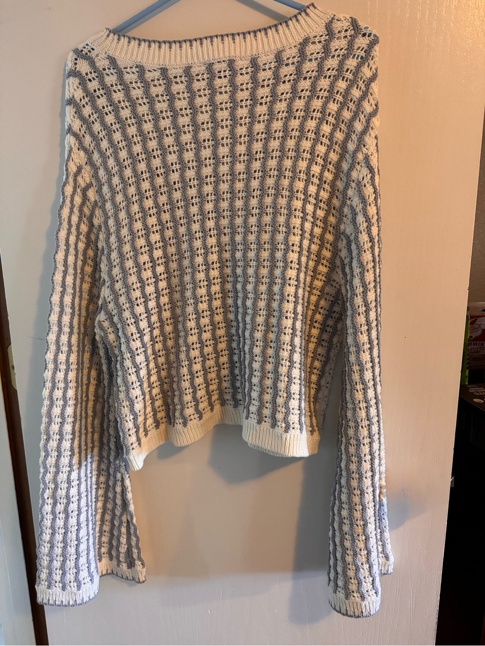 Vici blue and white holey sweater with flare sleeves